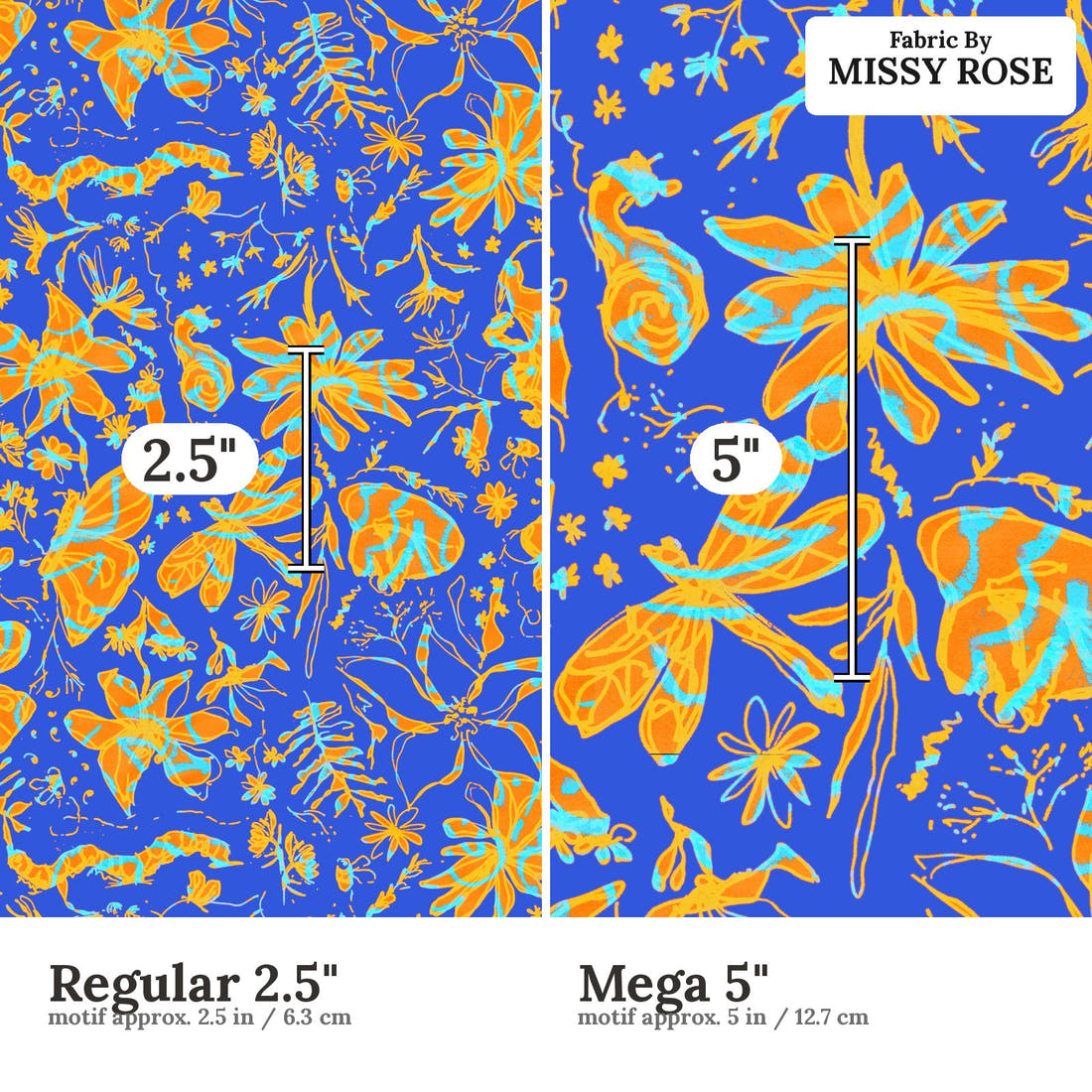 Laura Hamzic 40 Regular 2.5 inch vs Mega 5 inch print scale side by side | Fabric by Missy Rose