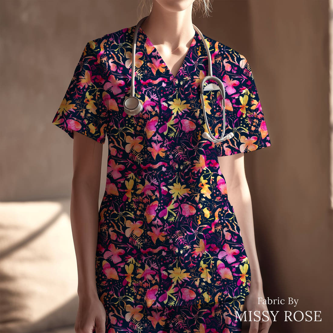 Laura Hamzic 42 sewn into a scrubs top - see how the print looks made up | Fabric by Missy Rose