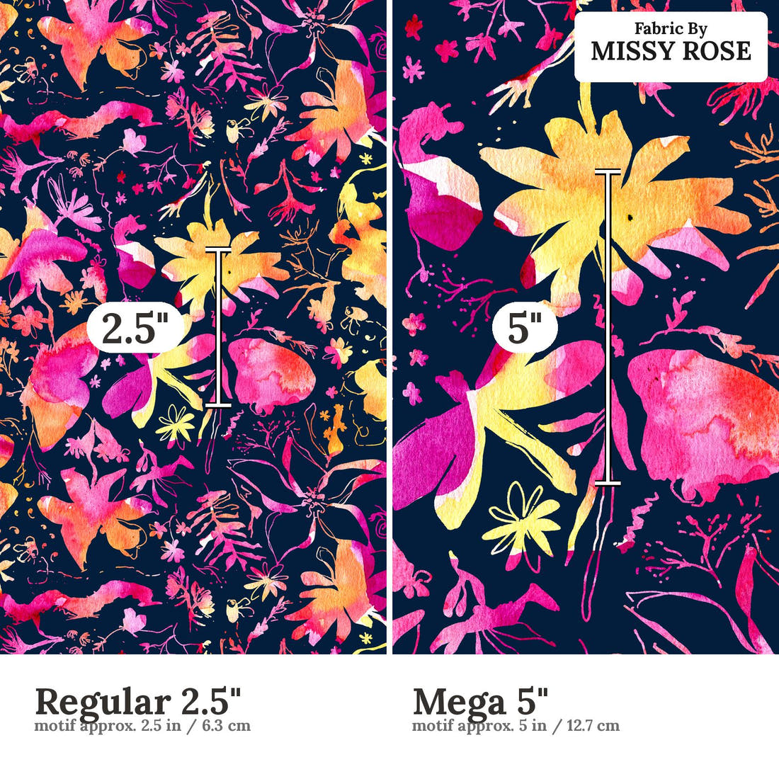 Laura Hamzic 42 Regular 2.5 inch vs Mega 5 inch print scale side by side | Fabric by Missy Rose