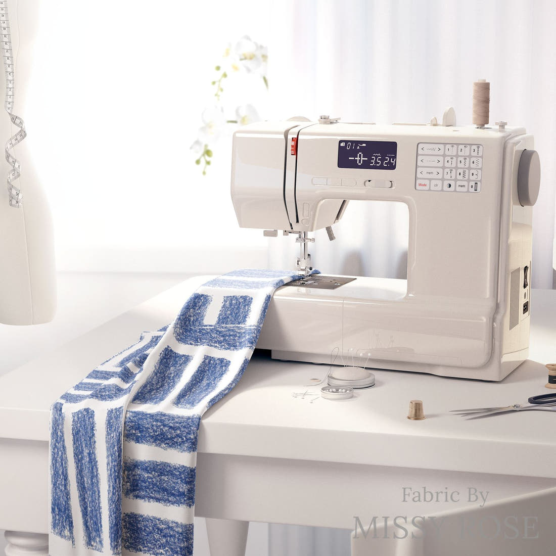 Laura Hamzic 44 on a sewing machine - premium fabric for sewing projects | Fabric by Missy Rose