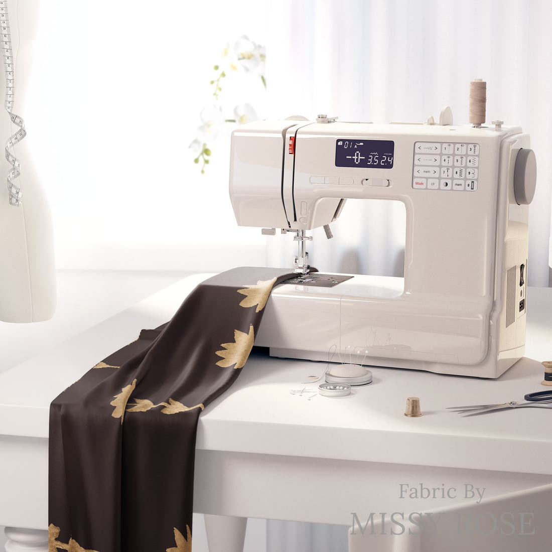 Laura Hamzic 45 on a sewing machine - premium fabric for sewing projects | Fabric by Missy Rose