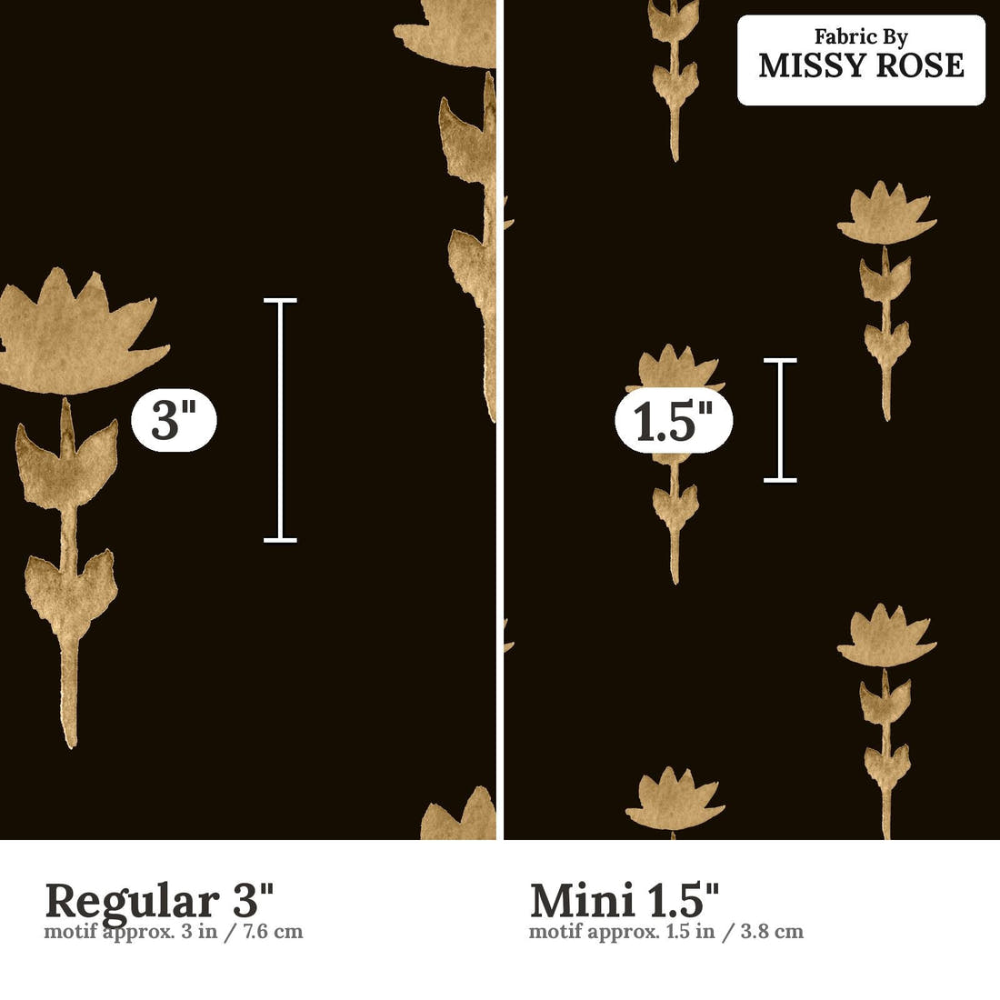 Laura Hamzic 45 Regular 3 inch vs Mini 1.5 inch print scale side by side | Fabric by Missy Rose