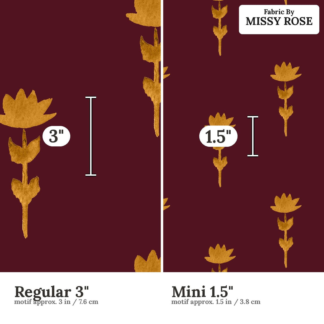 Laura Hamzic 46 Regular 3 inch vs Mini 1.5 inch print scale side by side | Fabric by Missy Rose