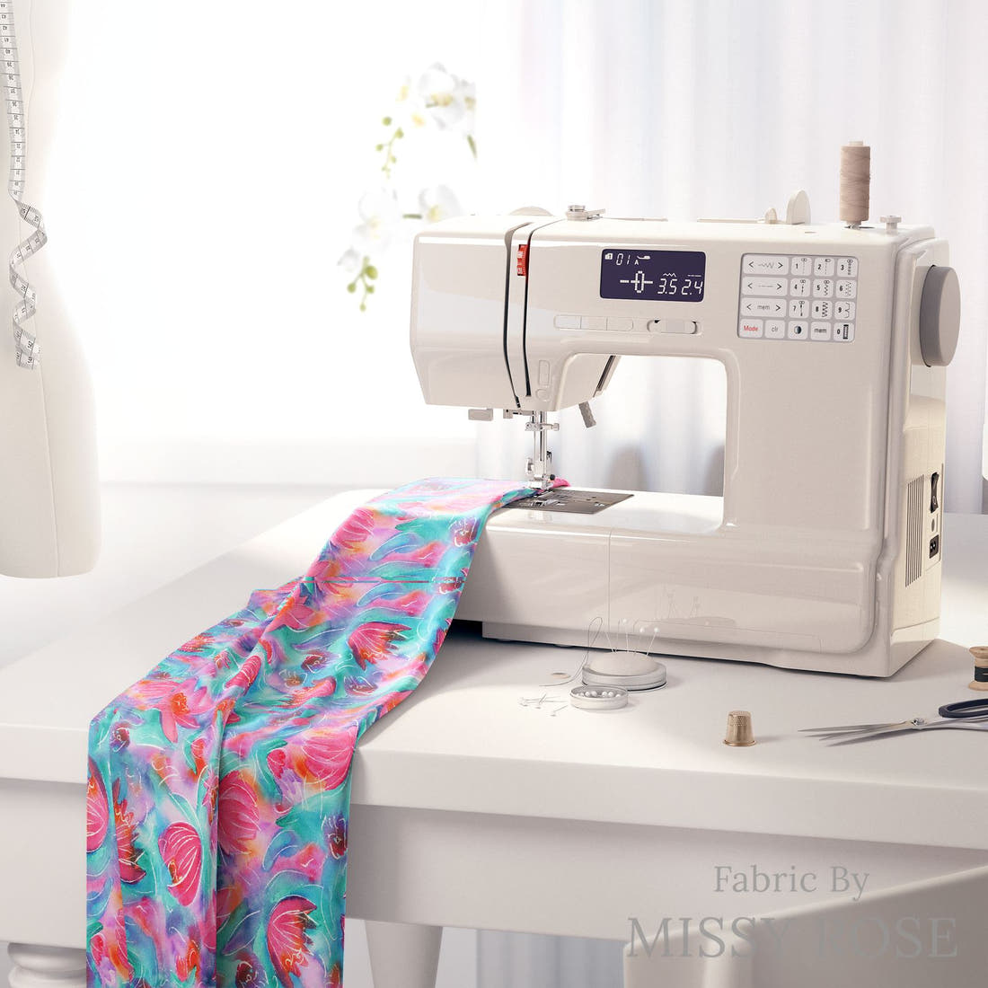 Laura Hamzic 48 on a sewing machine - premium fabric for sewing projects | Fabric by Missy Rose