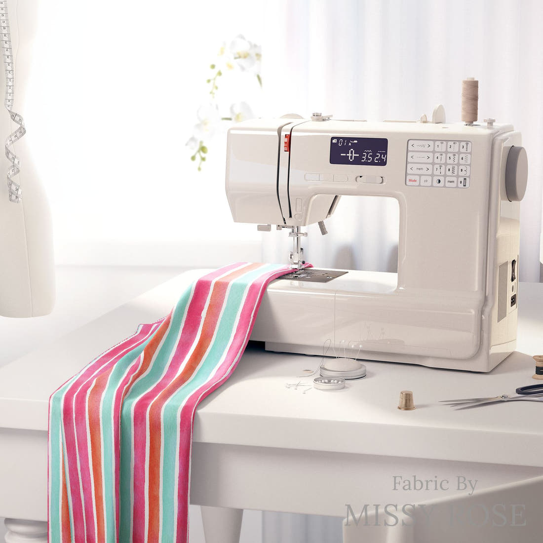 Laura Hamzic 49 on a sewing machine - premium fabric for sewing projects | Fabric by Missy Rose
