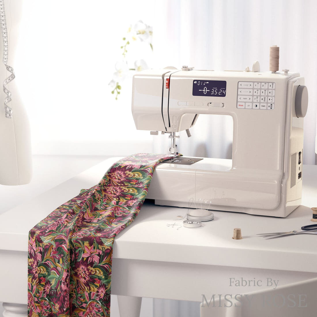 Laura Hamzic 50 on a sewing machine - premium fabric for sewing projects | Fabric by Missy Rose