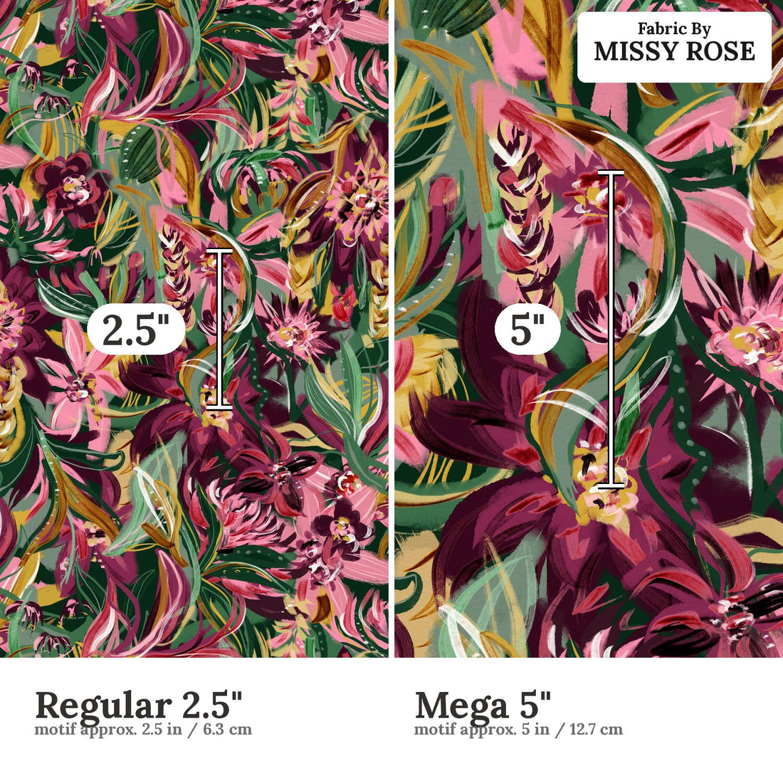 Laura Hamzic 50 Regular 2.5 inch vs Mega 5 inch print scale side by side | Fabric by Missy Rose
