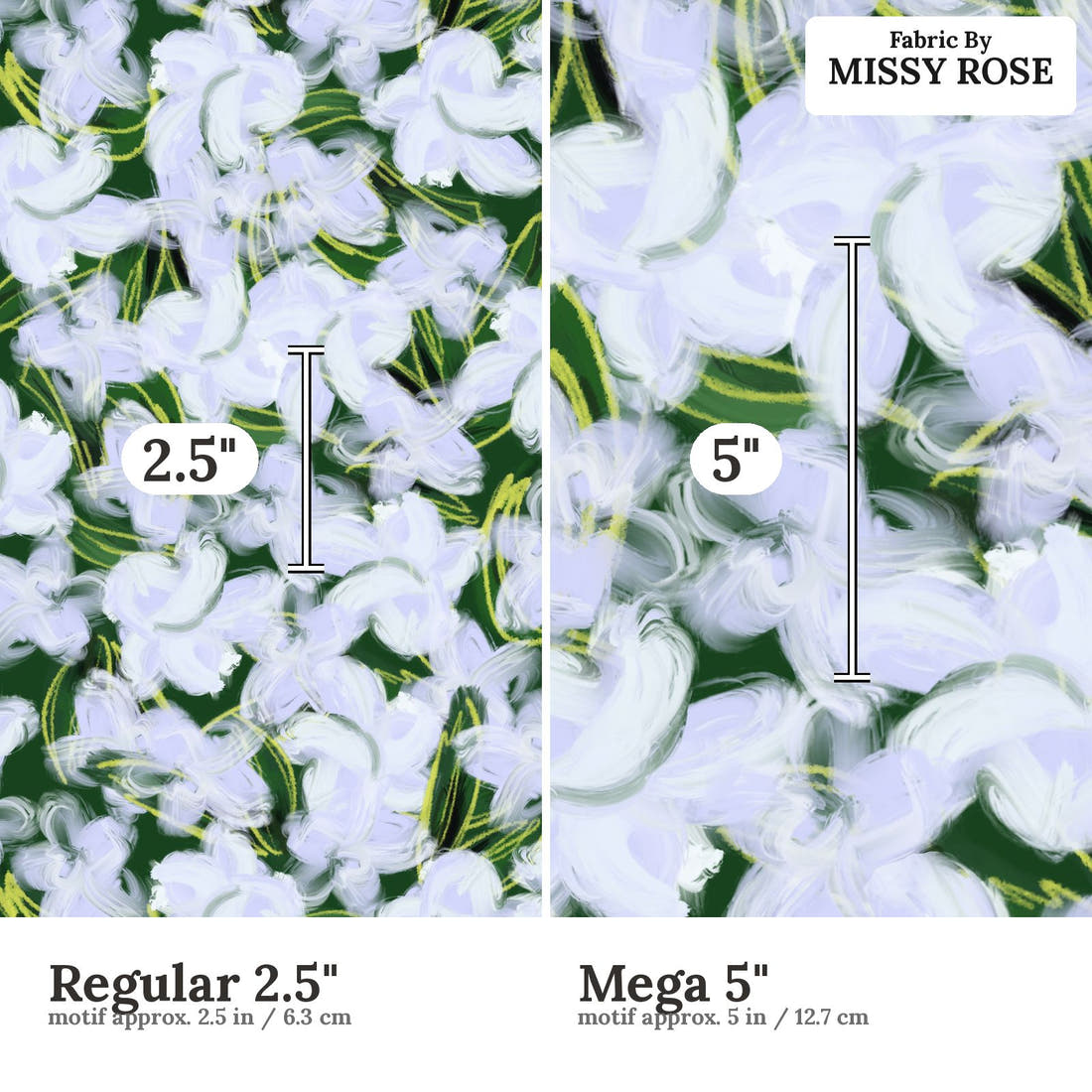 Laura Hamzic 51 Regular 2.5 inch vs Mega 5 inch print scale side by side | Fabric by Missy Rose