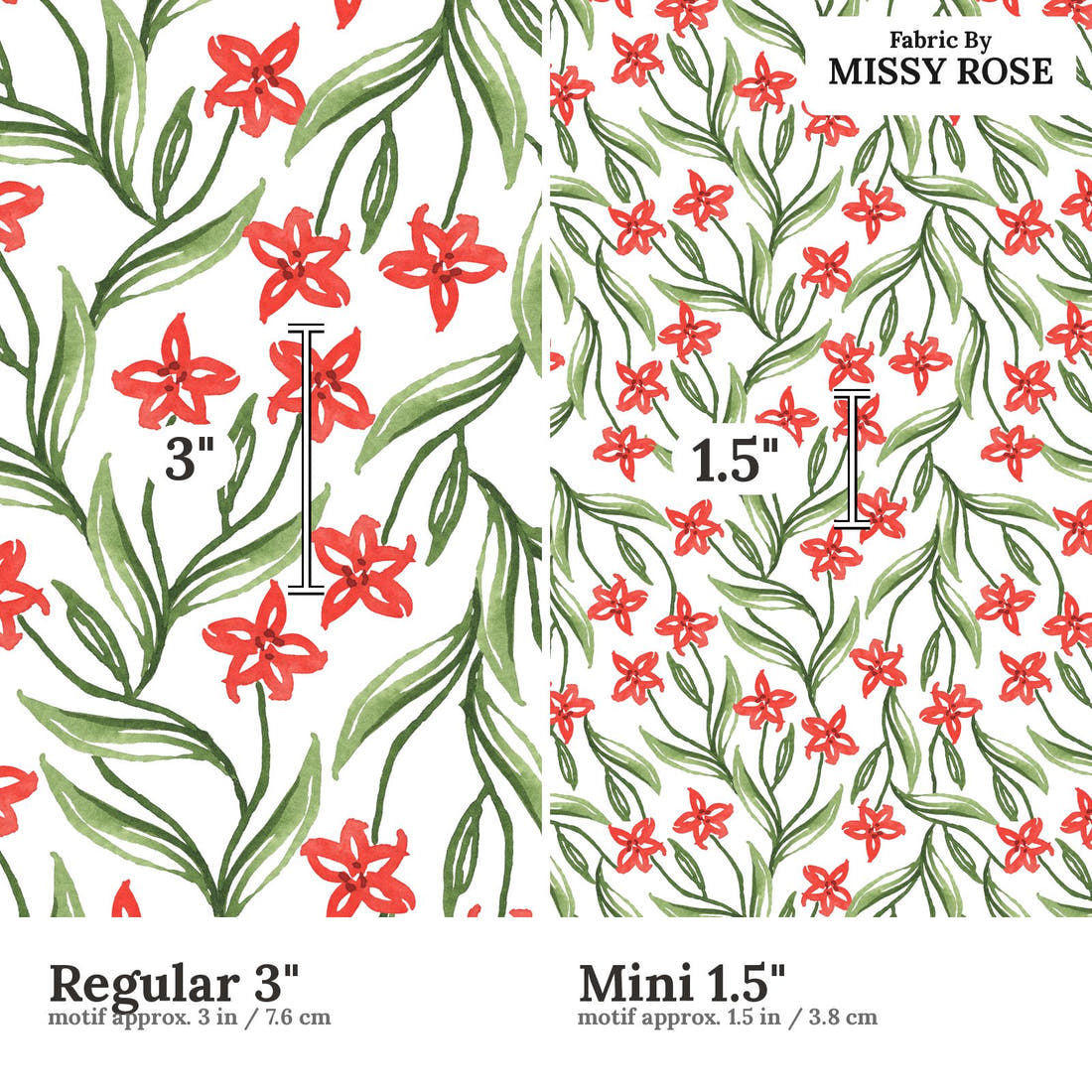 Laura Hamzic 53 Regular 3 inch vs Mini 1.5 inch print scale side by side | Fabric by Missy Rose