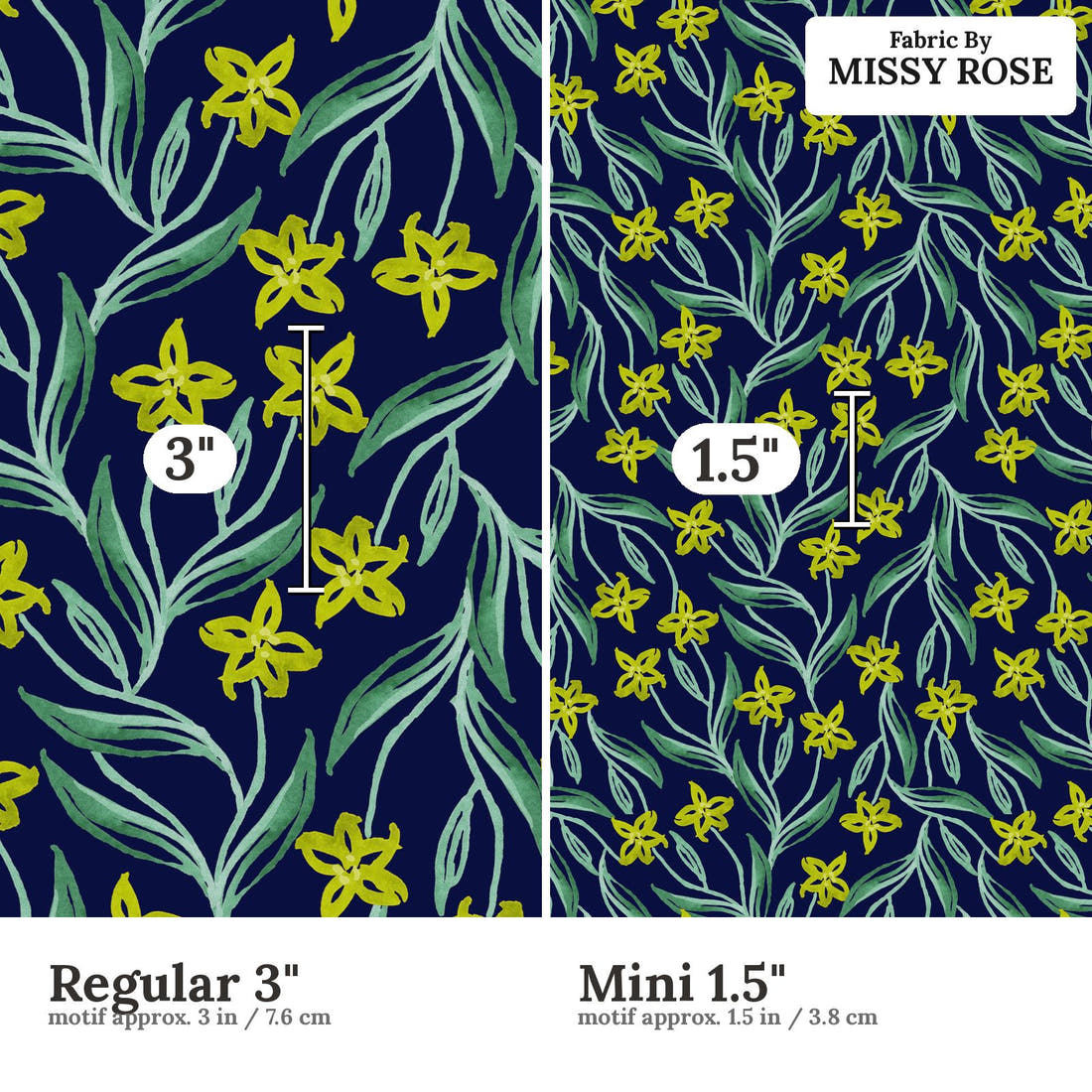Laura Hamzic 54 Regular 3 inch vs Mini 1.5 inch print scale side by side | Fabric by Missy Rose
