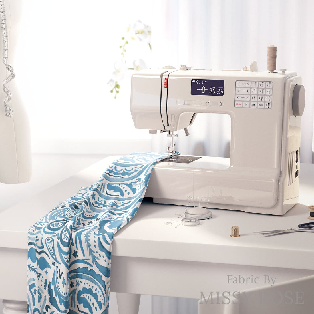 Laura Hamzic 55 on a sewing machine - premium fabric for sewing projects | Fabric by Missy Rose