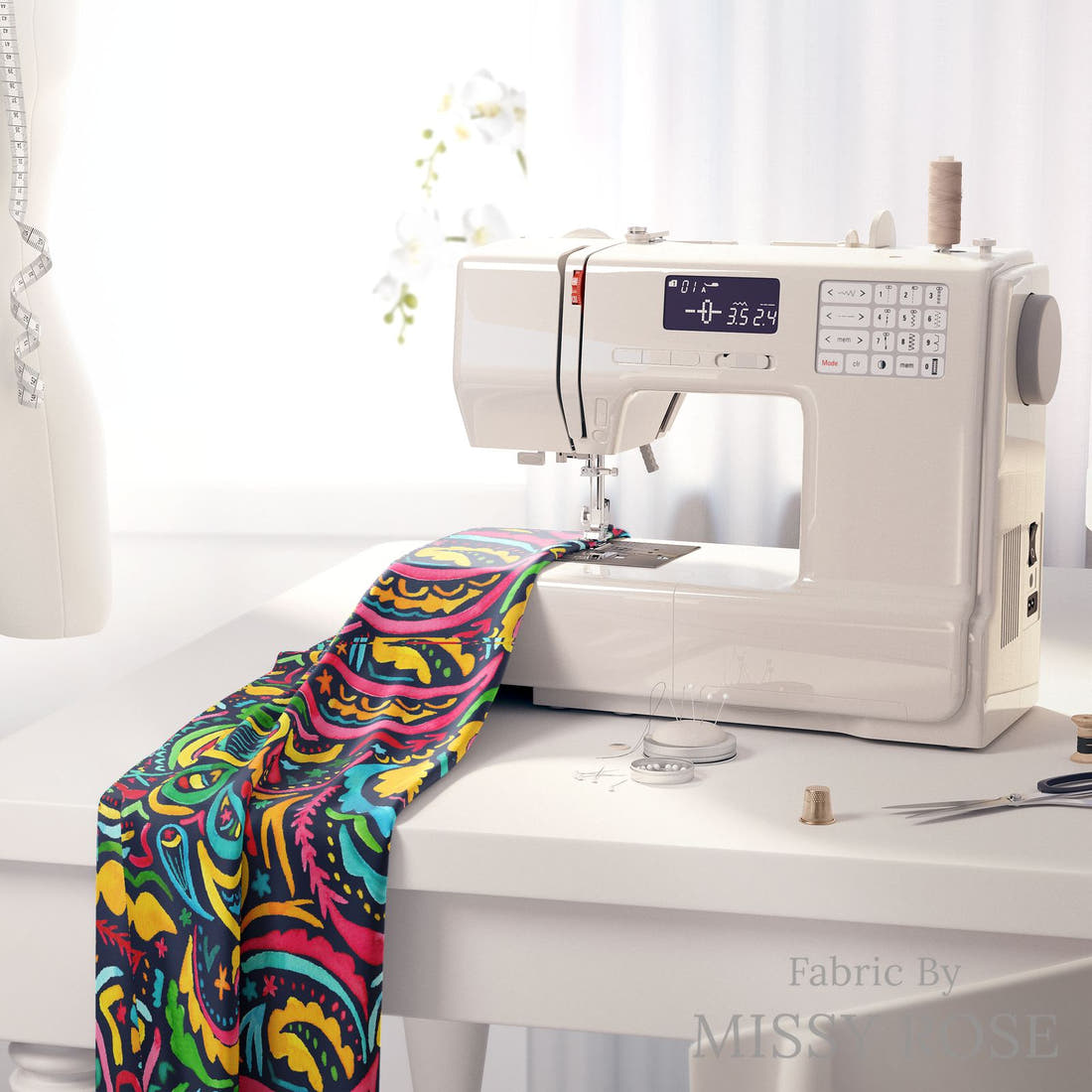 Laura Hamzic 56 on a sewing machine - premium fabric for sewing projects | Fabric by Missy Rose