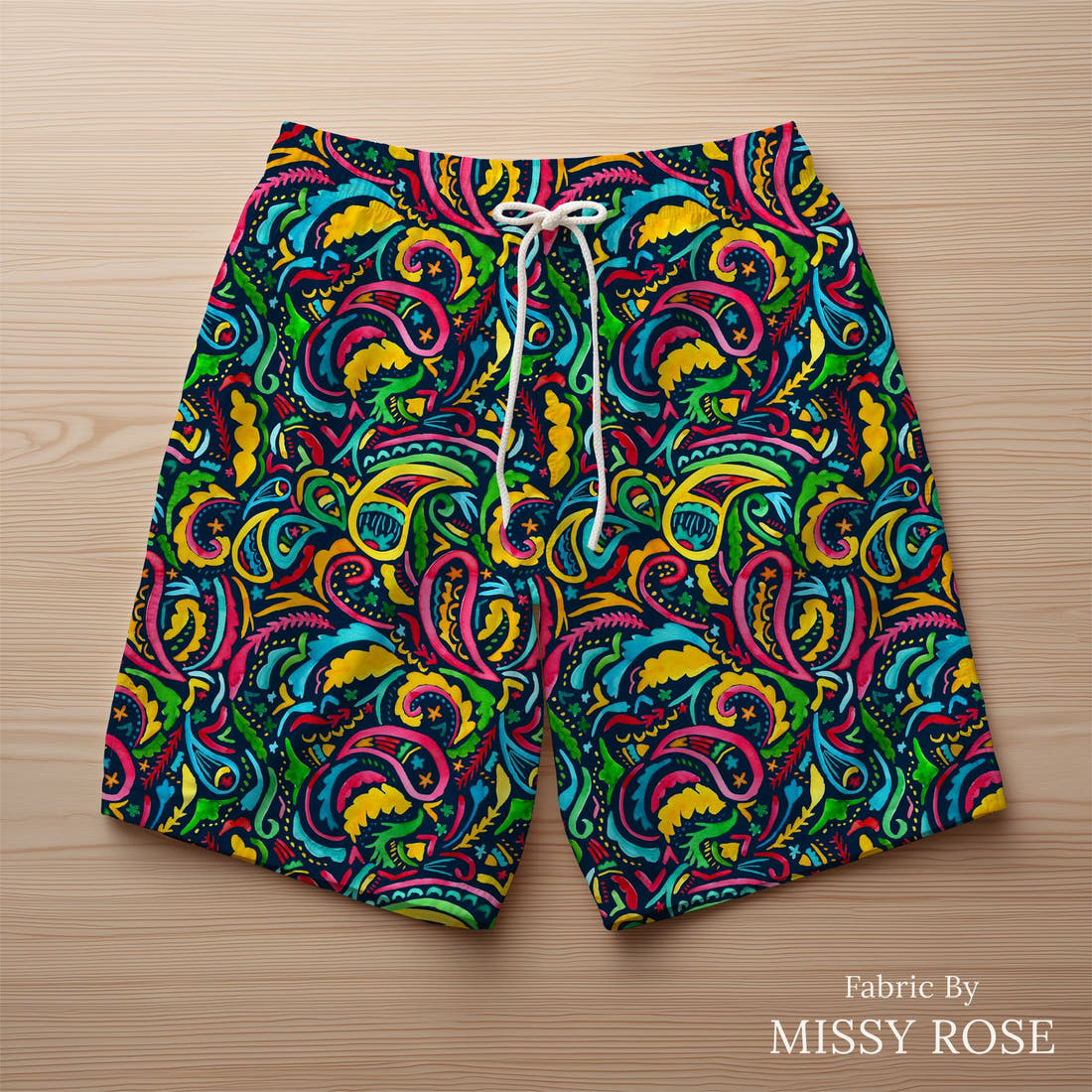 Laura Hamzic 56 sewn into swim shorts - see how the print looks made up | Fabric by Missy Rose