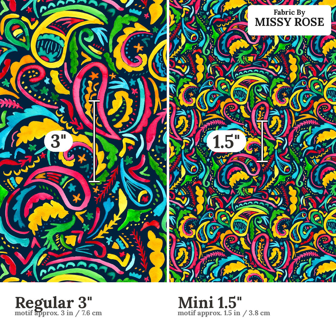 Laura Hamzic 56 Regular 3 inch vs Mini 1.5 inch print scale side by side | Fabric by Missy Rose
