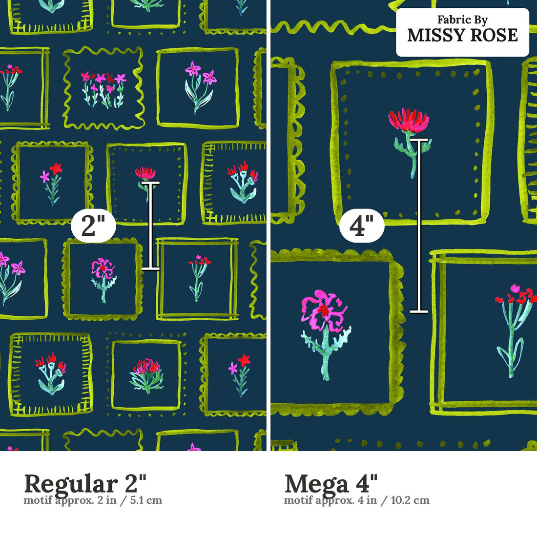 Laura Hamzic 57 Regular 2 inch vs Mega 4 inch print scale side by side | Fabric by Missy Rose