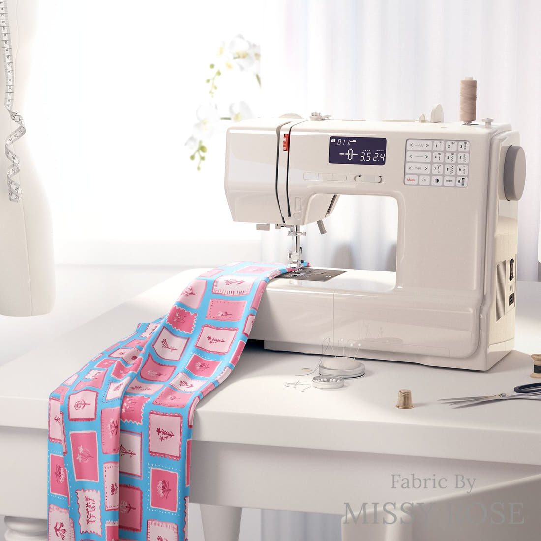 Laura Hamzic 58 on a sewing machine - premium fabric for sewing projects | Fabric by Missy Rose