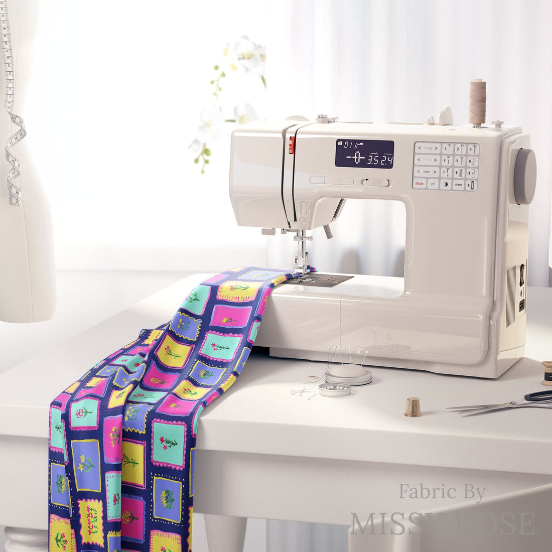 Laura Hamzic 60 on a sewing machine - premium fabric for sewing projects | Fabric by Missy Rose