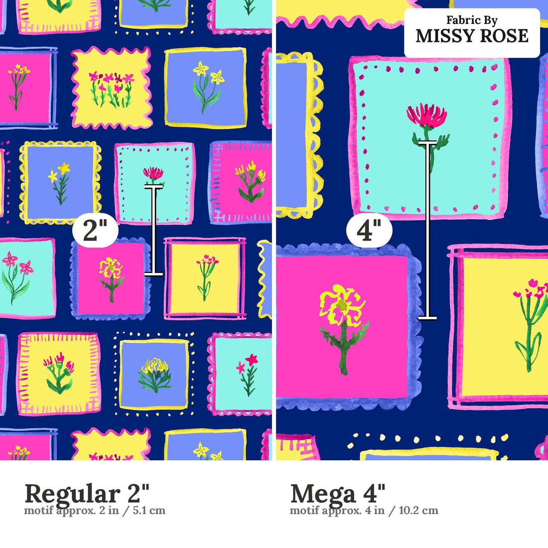 Laura Hamzic 60 Regular 2 inch vs Mega 4 inch print scale side by side | Fabric by Missy Rose
