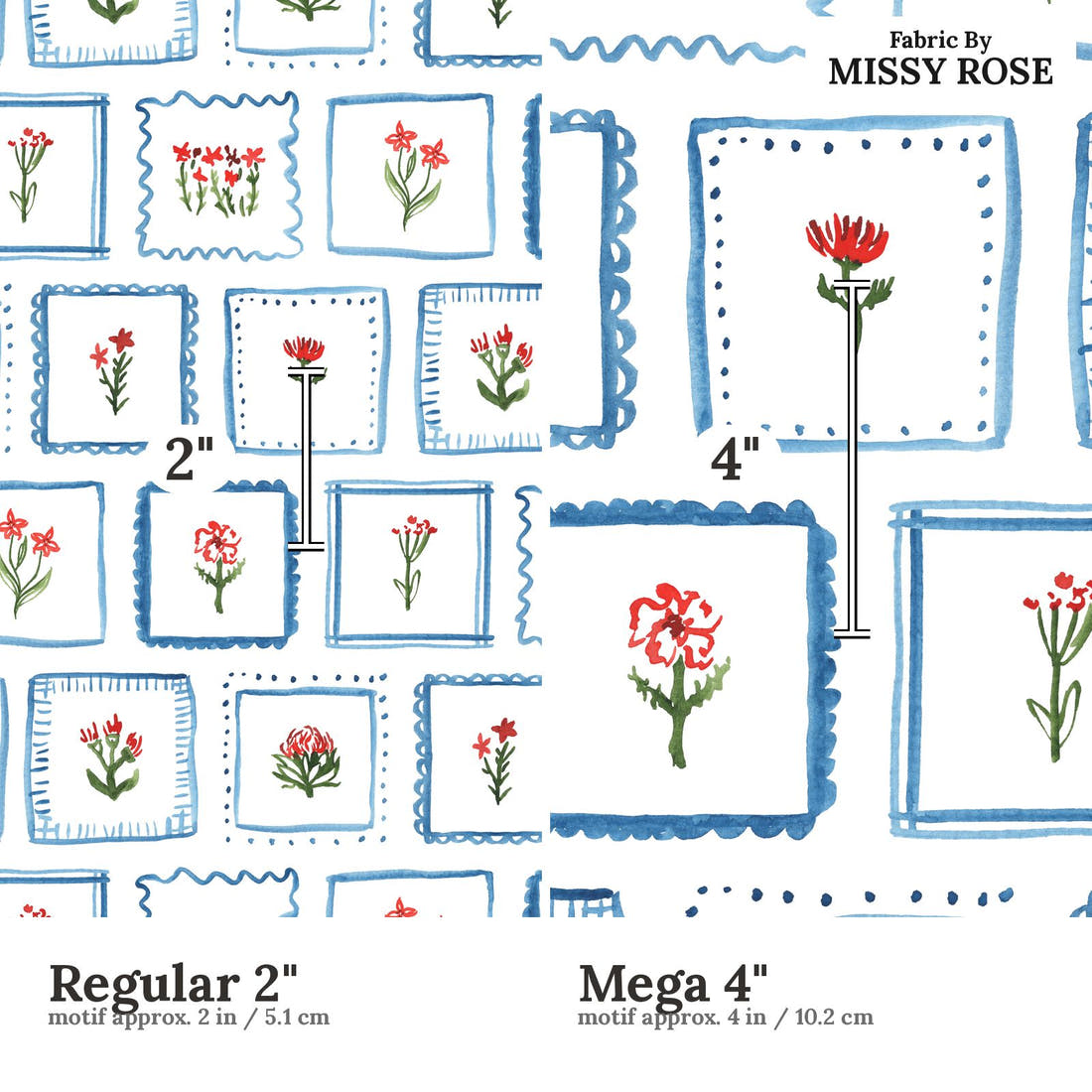 Laura Hamzic 61 Regular 2 inch vs Mega 4 inch print scale side by side | Fabric by Missy Rose