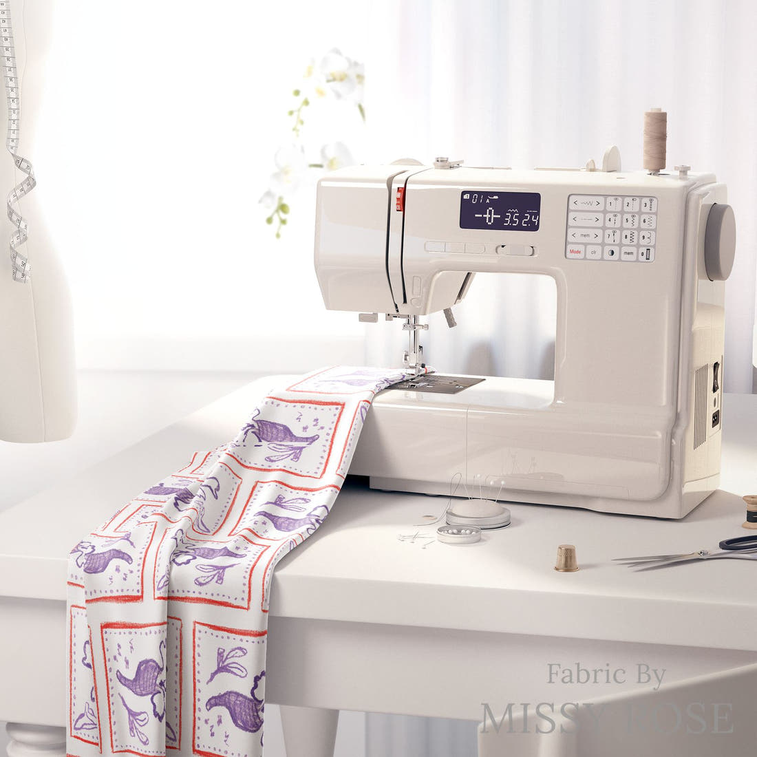 Laura Hamzic 62 on a sewing machine - premium fabric for sewing projects | Fabric by Missy Rose