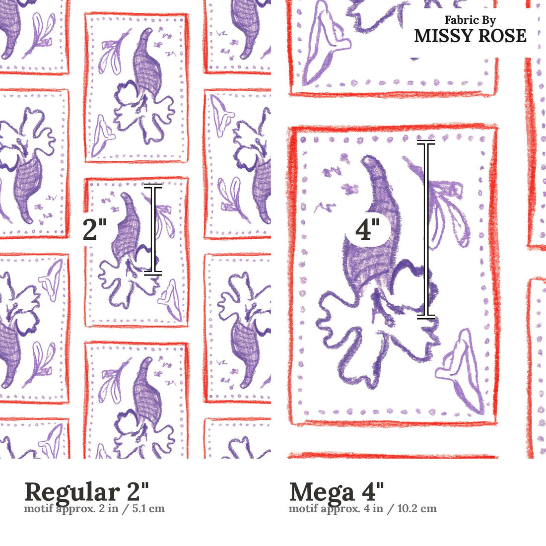 Laura Hamzic 62 Regular 2 inch vs Mega 4 inch print scale side by side | Fabric by Missy Rose