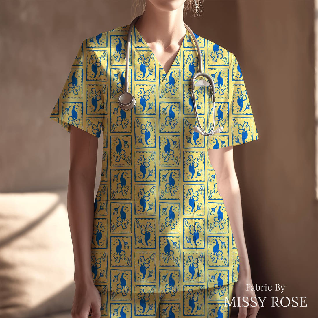 Laura Hamzic 63 sewn into a scrubs top - see how the print looks made up | Fabric by Missy Rose