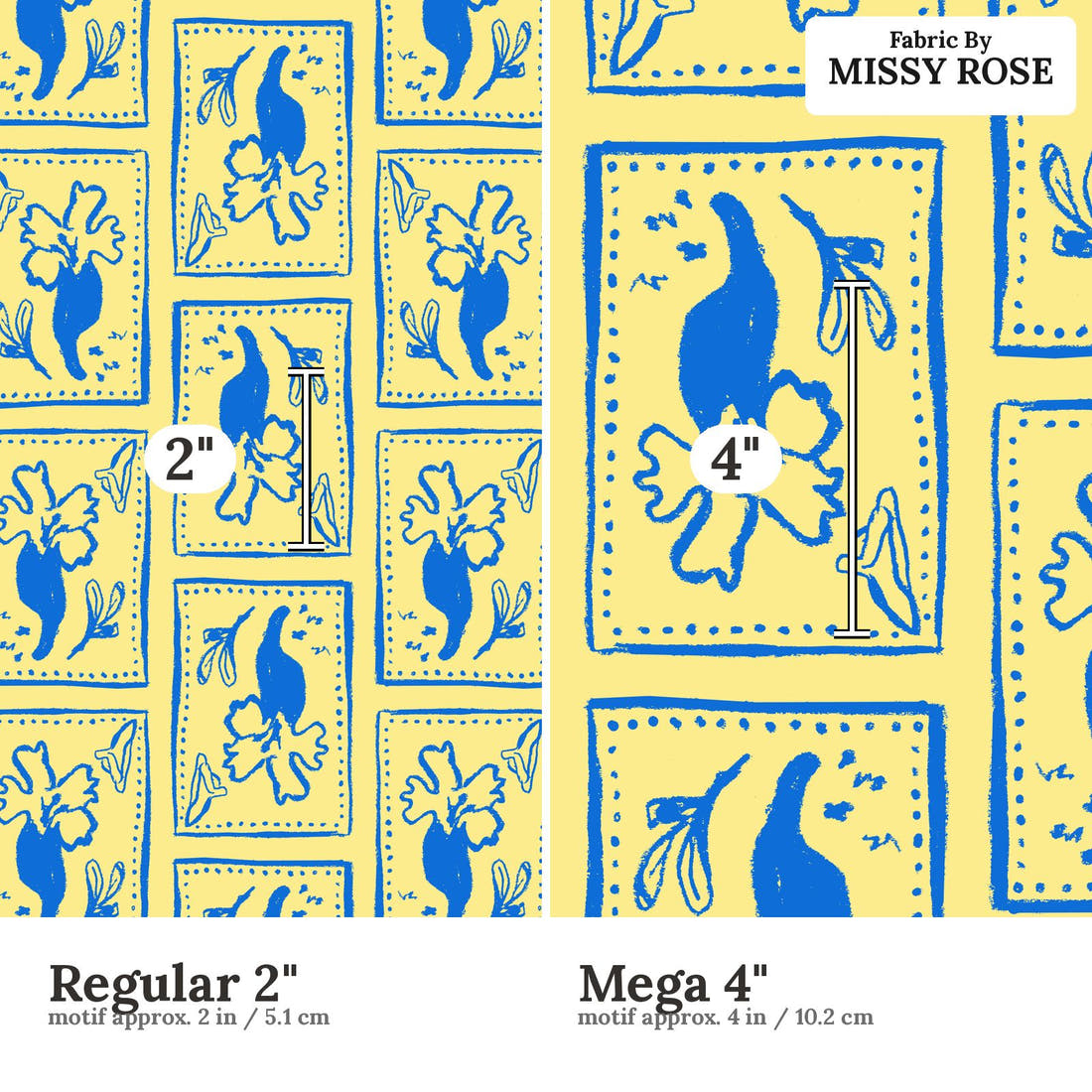 Laura Hamzic 63 Regular 2 inch vs Mega 4 inch print scale side by side | Fabric by Missy Rose
