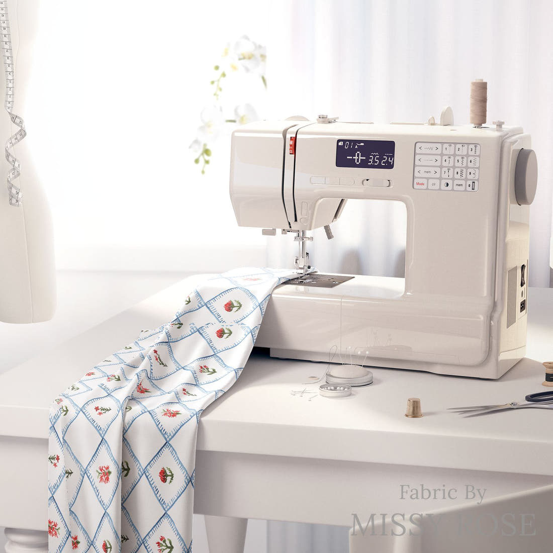 Laura Hamzic 64 on a sewing machine - premium fabric for sewing projects | Fabric by Missy Rose