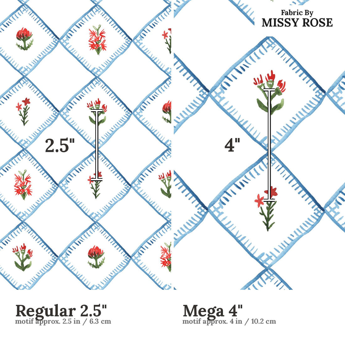 Laura Hamzic 64 Regular 2.5 inch vs Mega 4 inch print scale side by side | Fabric by Missy Rose