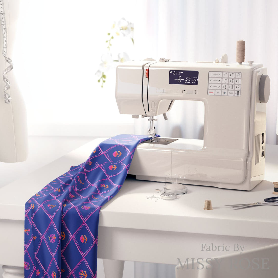 Laura Hamzic 65 on a sewing machine - premium fabric for sewing projects | Fabric by Missy Rose