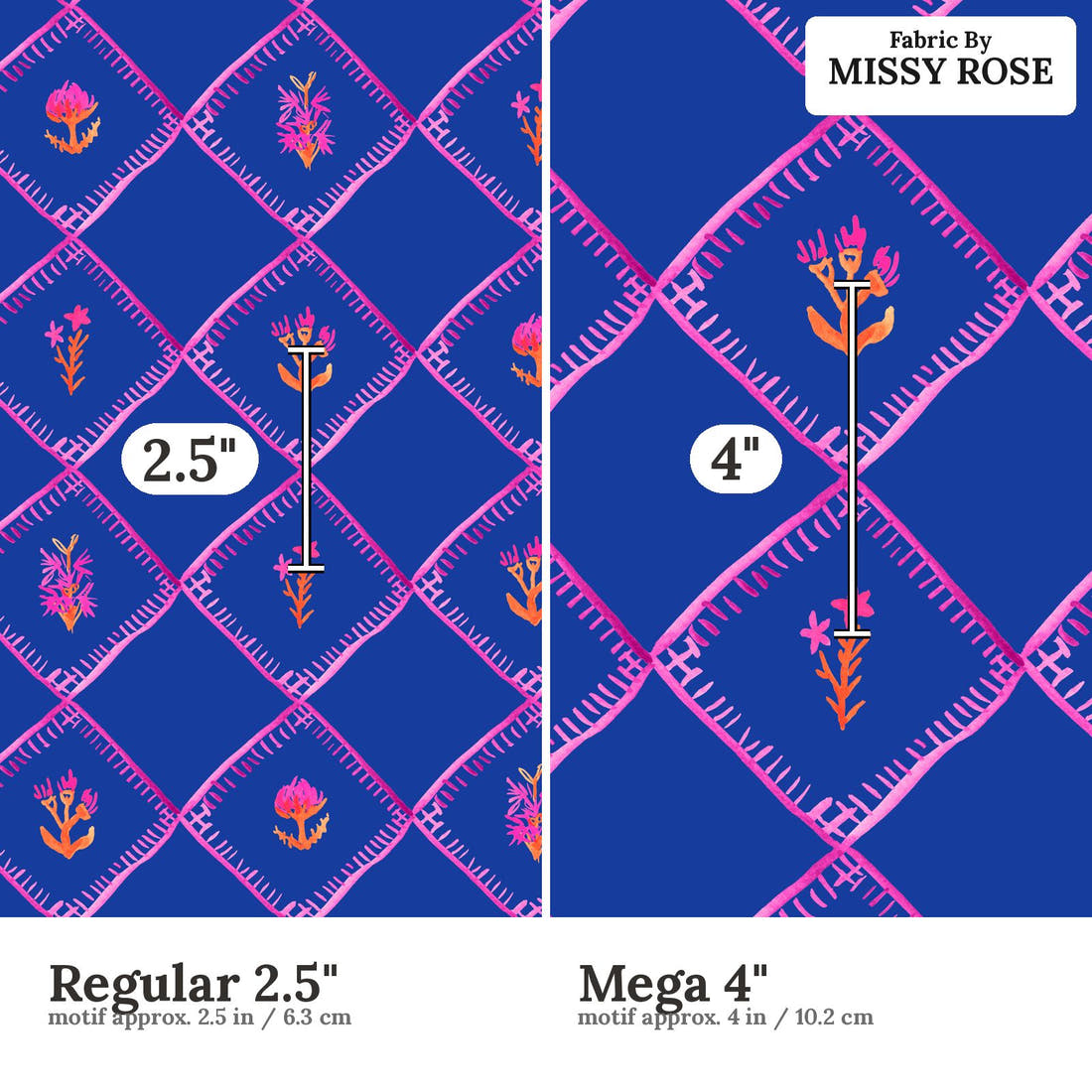 Laura Hamzic 65 Regular 2.5 inch vs Mega 4 inch print scale side by side | Fabric by Missy Rose