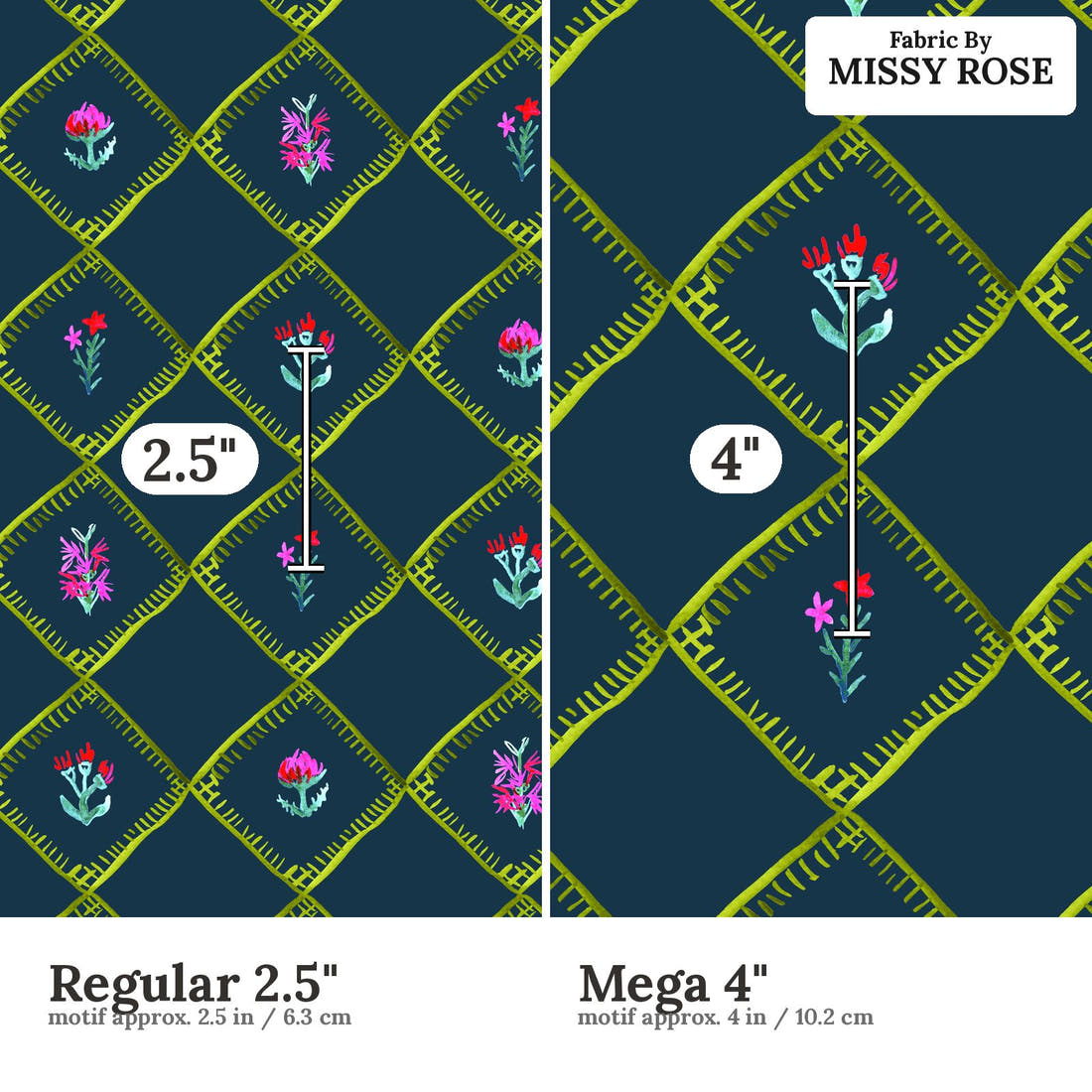 Laura Hamzic 66 Regular 2.5 inch vs Mega 4 inch print scale side by side | Fabric by Missy Rose