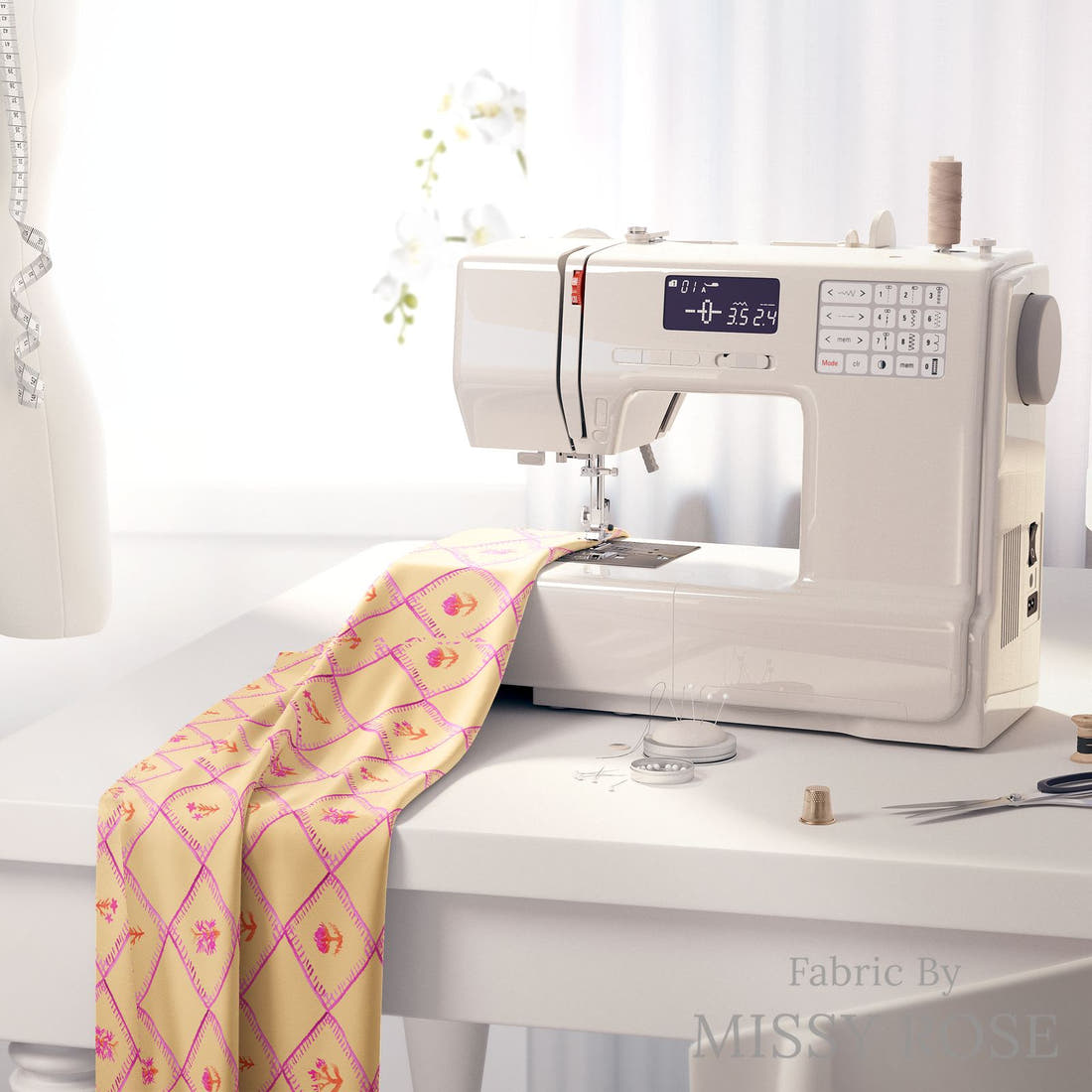 Laura Hamzic 67 on a sewing machine - premium fabric for sewing projects | Fabric by Missy Rose