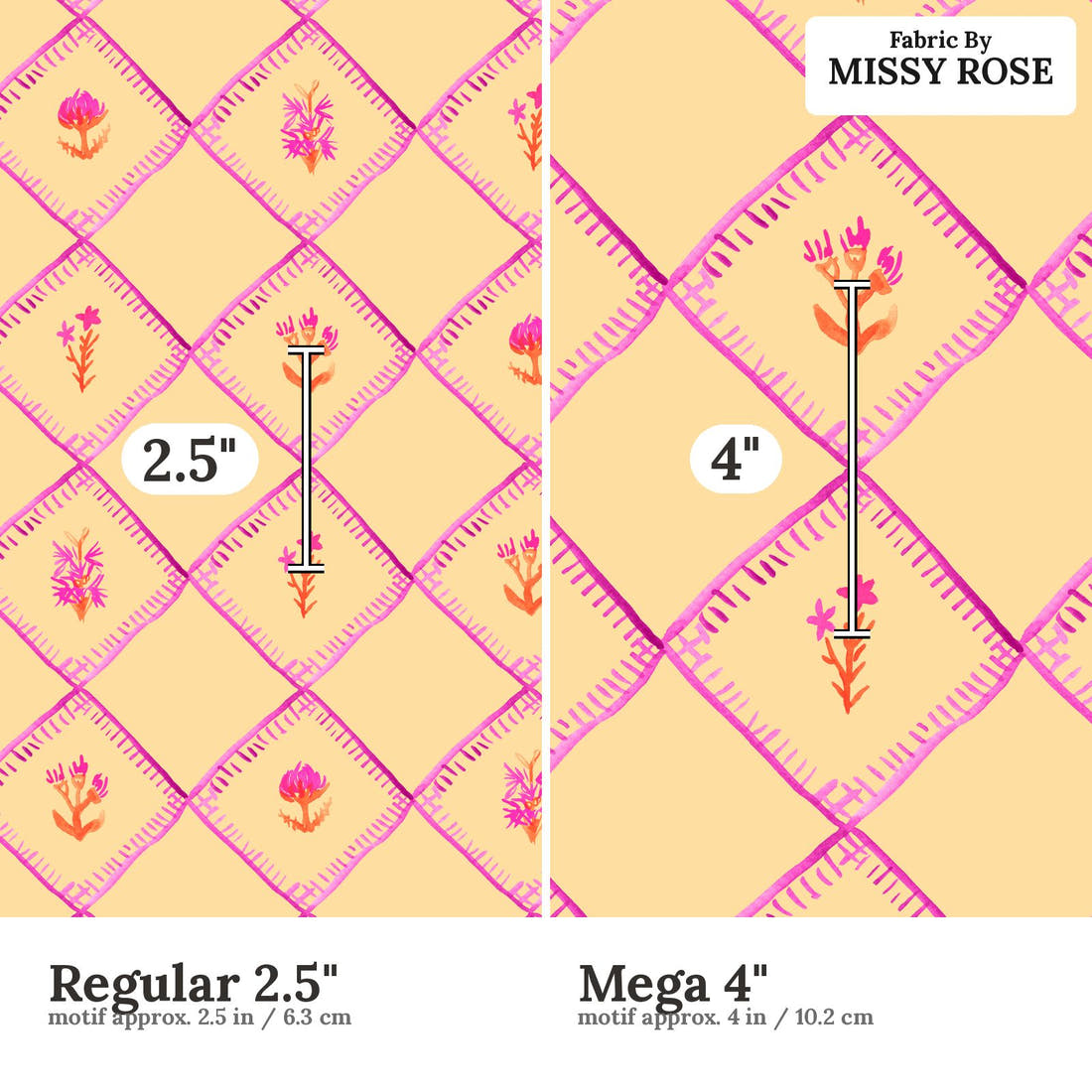 Laura Hamzic 67 Regular 2.5 inch vs Mega 4 inch print scale side by side | Fabric by Missy Rose