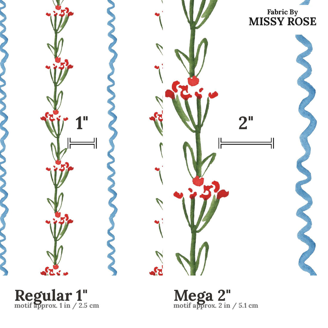 Laura Hamzic 68 Regular 1 inch vs Mega 2 inch print scale side by side | Fabric by Missy Rose
