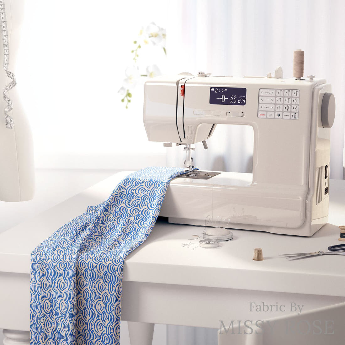Laura Hamzic 69 on a sewing machine - premium fabric for sewing projects | Fabric by Missy Rose