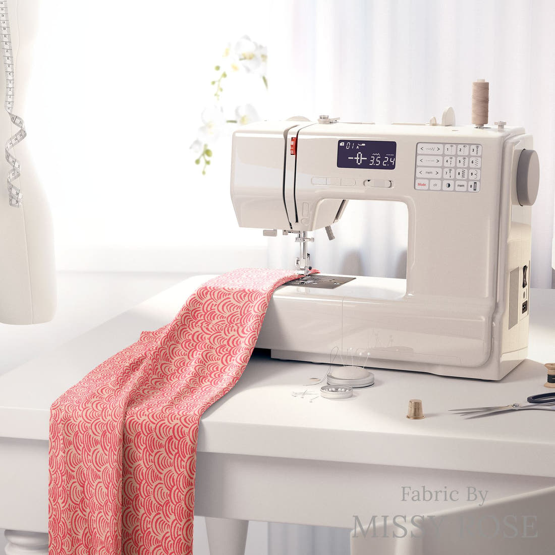 Laura Hamzic 70 on a sewing machine - premium fabric for sewing projects | Fabric by Missy Rose