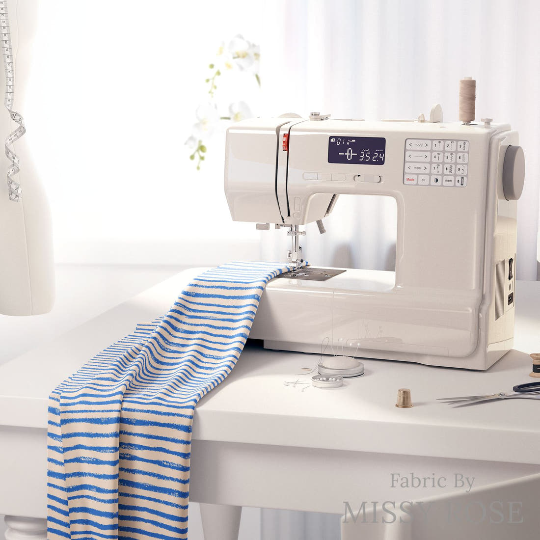 Laura Hamzic 71 on a sewing machine - premium fabric for sewing projects | Fabric by Missy Rose