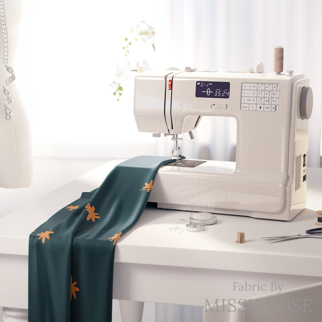 Laura Hamzic 75 on a sewing machine - premium fabric for sewing projects | Fabric by Missy Rose