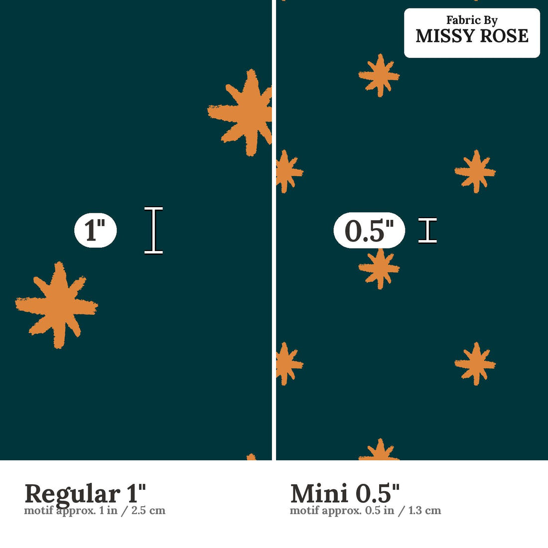 Laura Hamzic 75 Regular 1 inch vs Mini 0.5 inch print scale side by side | Fabric by Missy Rose