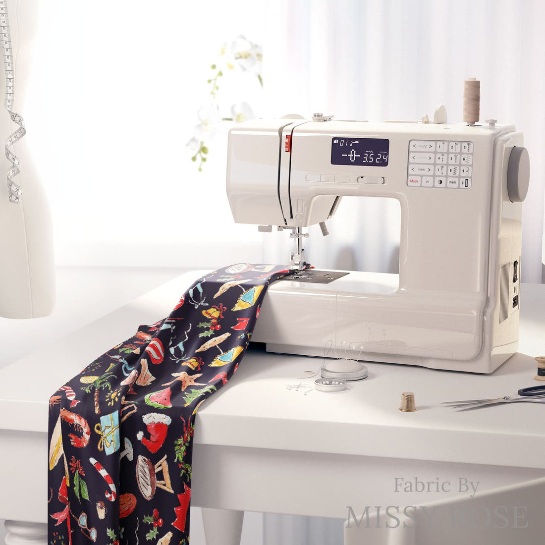 Laura Hamzic 81 on a sewing machine - premium fabric for sewing projects | Fabric by Missy Rose