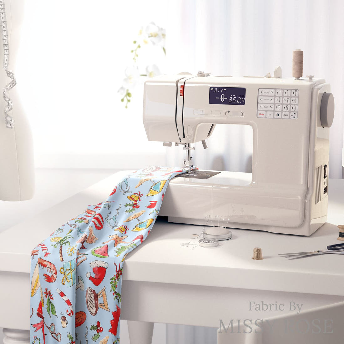 Laura Hamzic 82 on a sewing machine - premium fabric for sewing projects | Fabric by Missy Rose