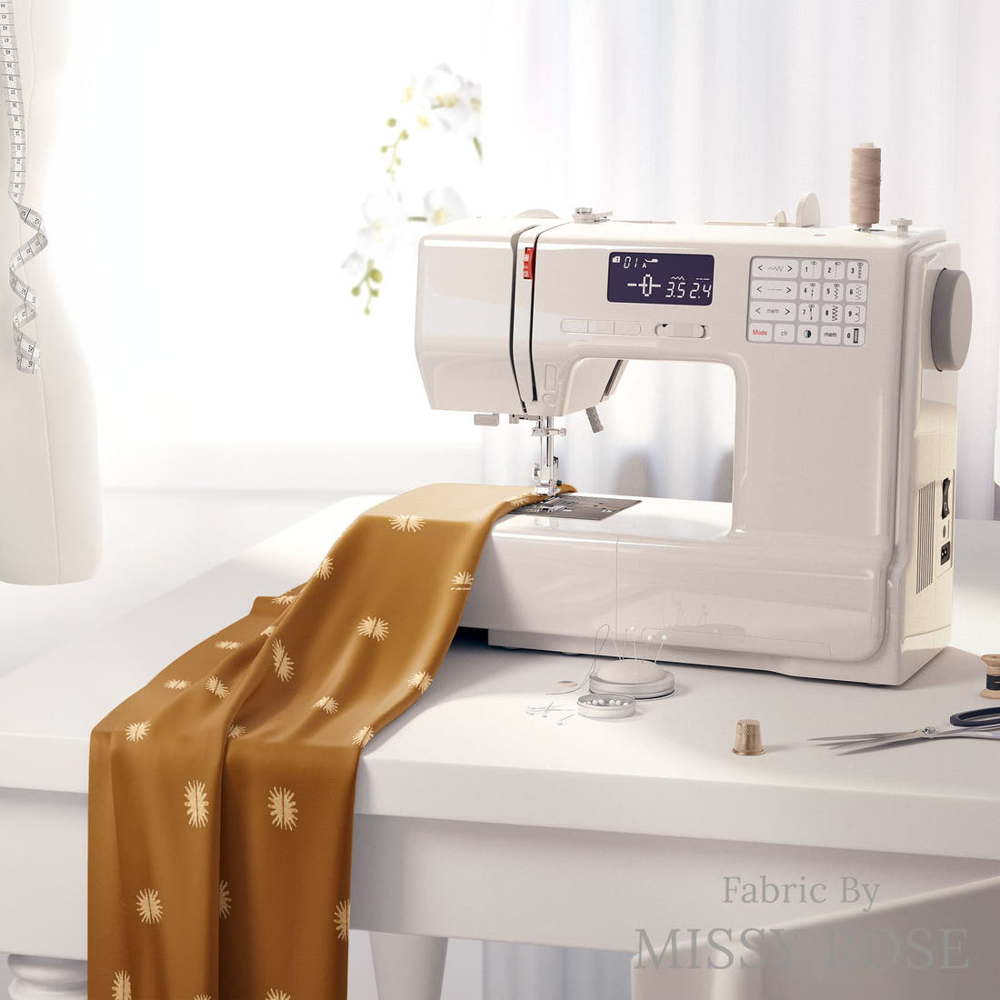 Laura Hamzic 86 on a sewing machine - premium fabric for sewing projects | Fabric by Missy Rose