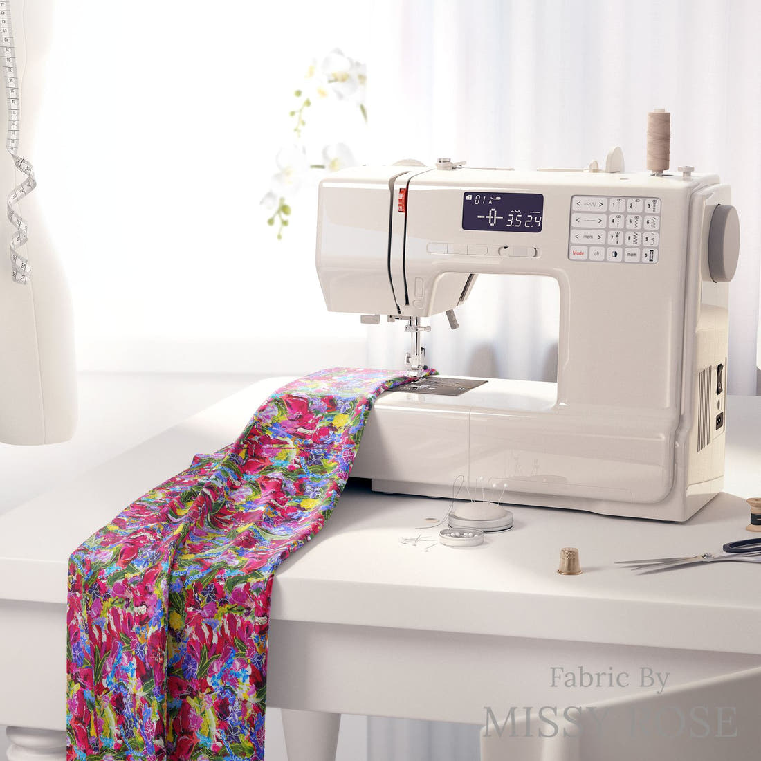 Laura Hamzic 87 on a sewing machine - premium fabric for sewing projects | Fabric by Missy Rose