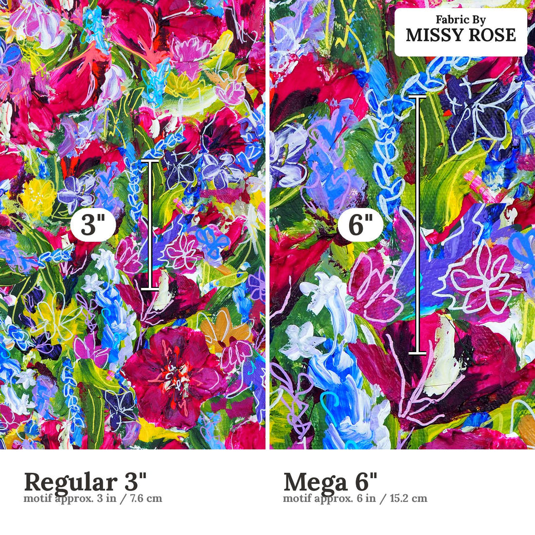 Laura Hamzic 87 Regular 3 inch vs Mega 6 inch print scale side by side | Fabric by Missy Rose