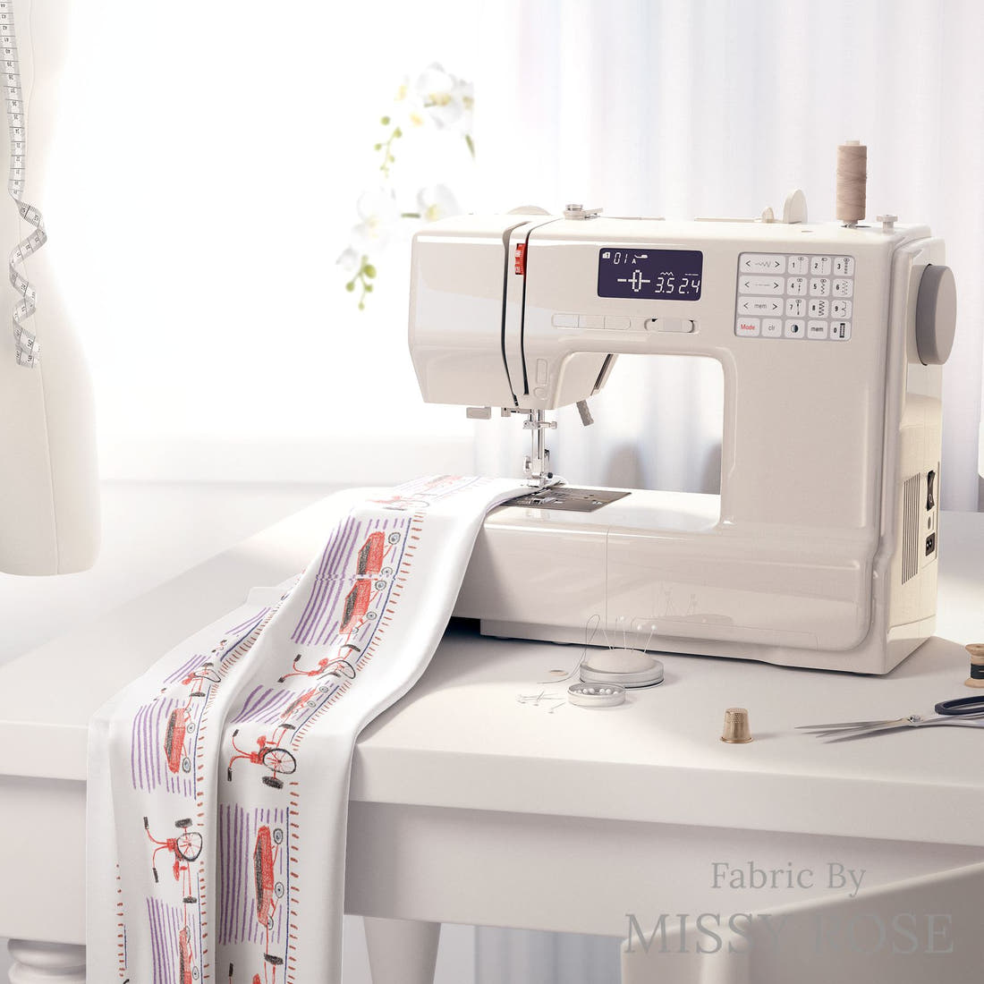 Laura Hamzic 88 on a sewing machine - premium fabric for sewing projects | Fabric by Missy Rose