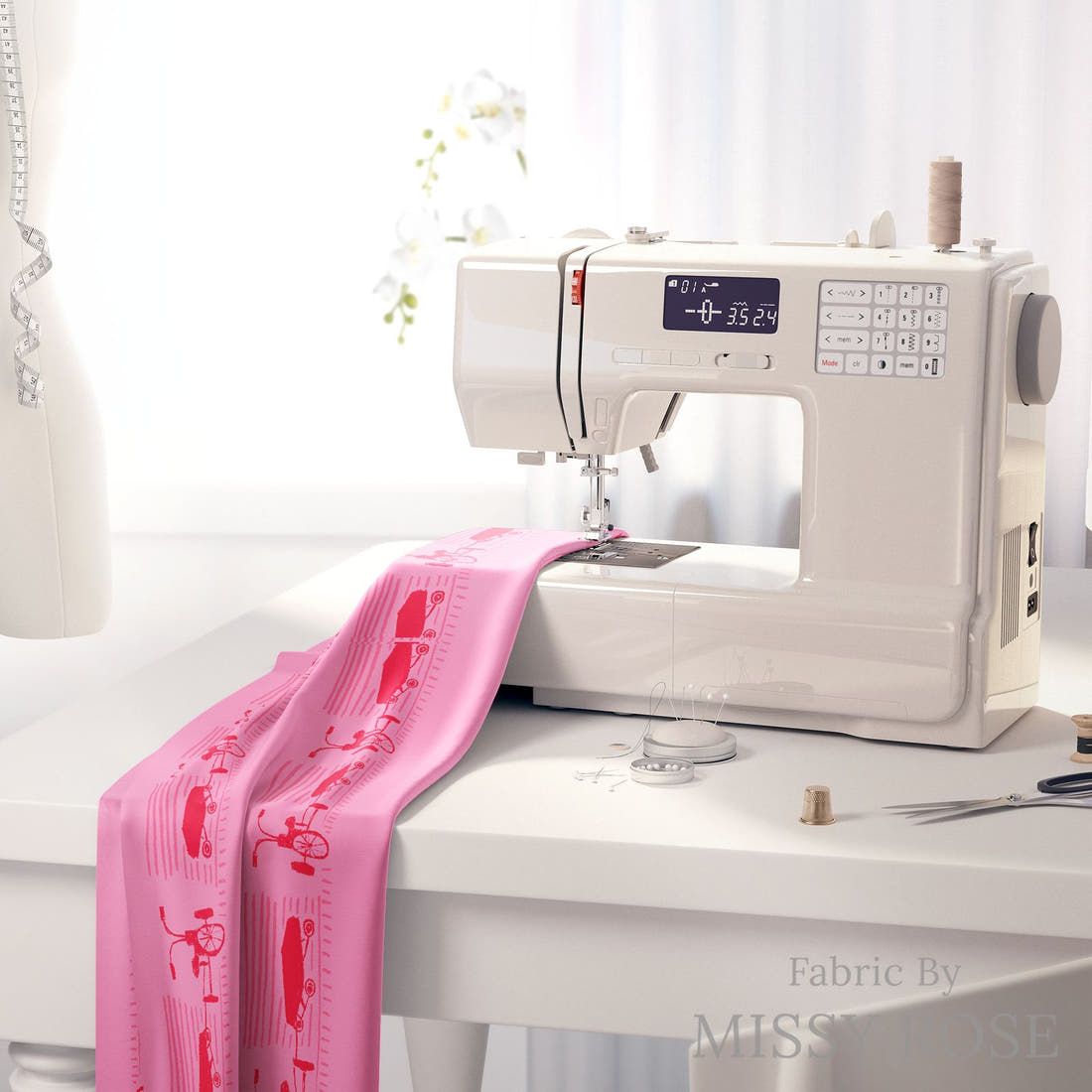 Laura Hamzic 89 on a sewing machine - premium fabric for sewing projects | Fabric by Missy Rose