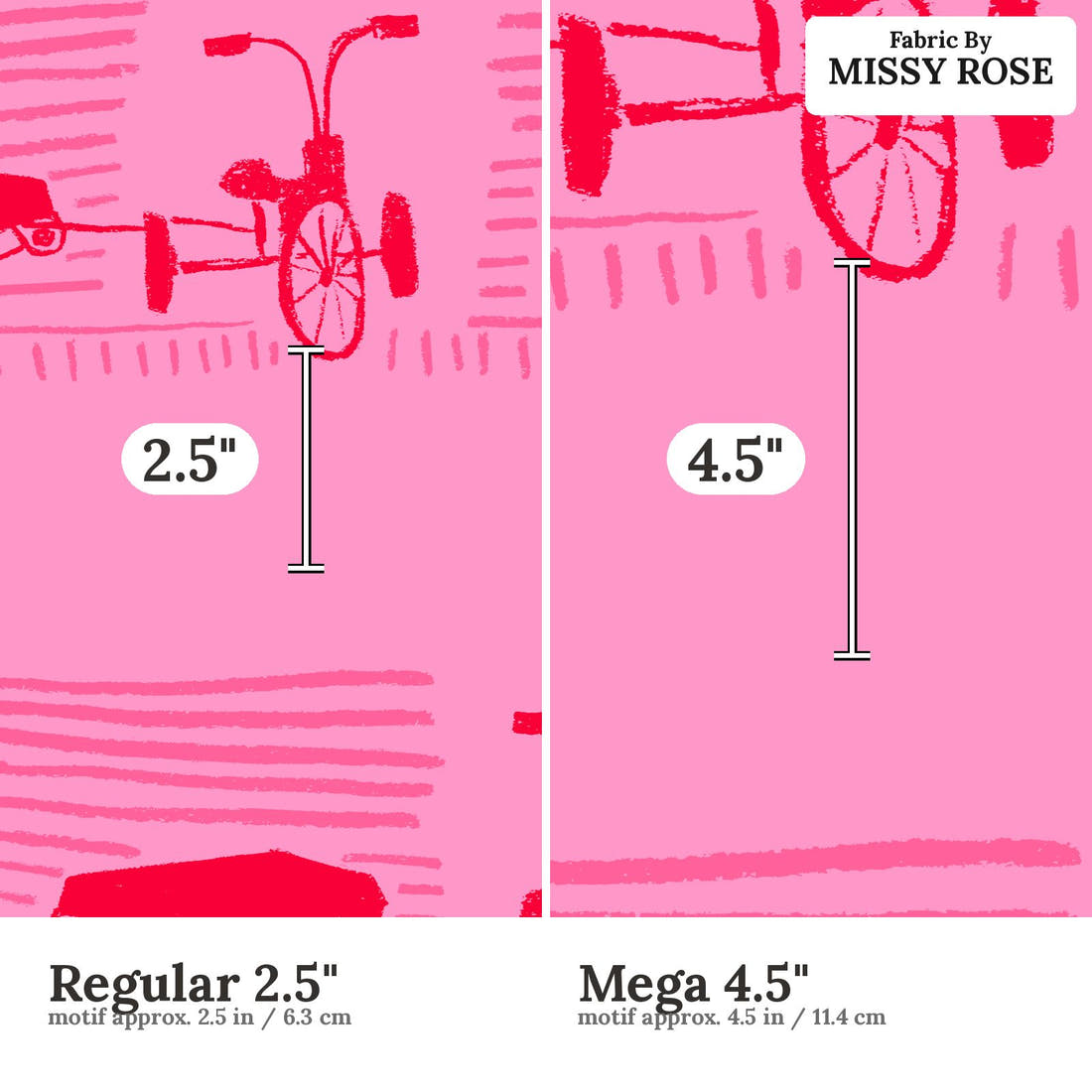 Laura Hamzic 89 Regular 2.5 inch vs Mega 4.5 inch print scale side by side | Fabric by Missy Rose