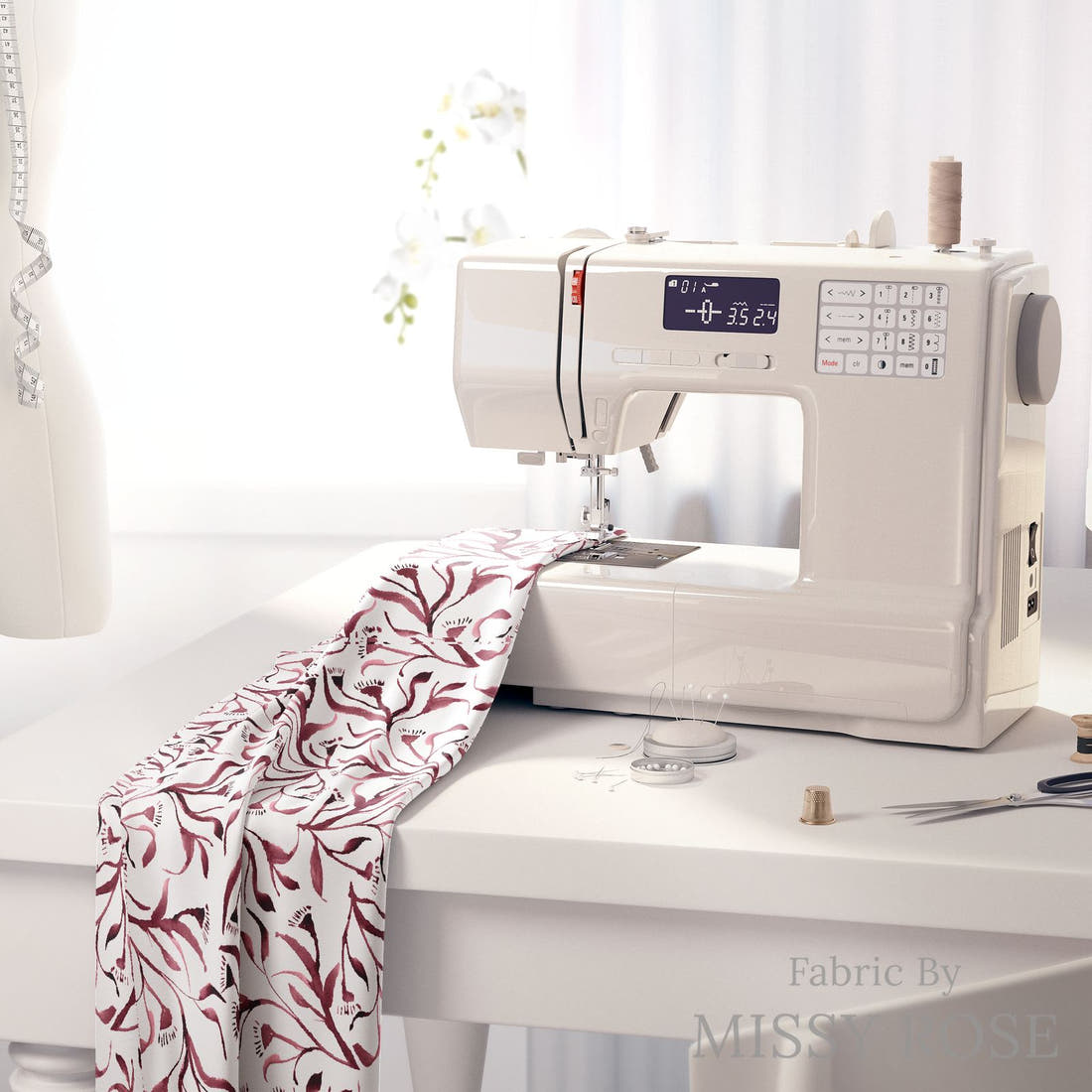 Laura Hamzic 90 on a sewing machine - premium fabric for sewing projects | Fabric by Missy Rose