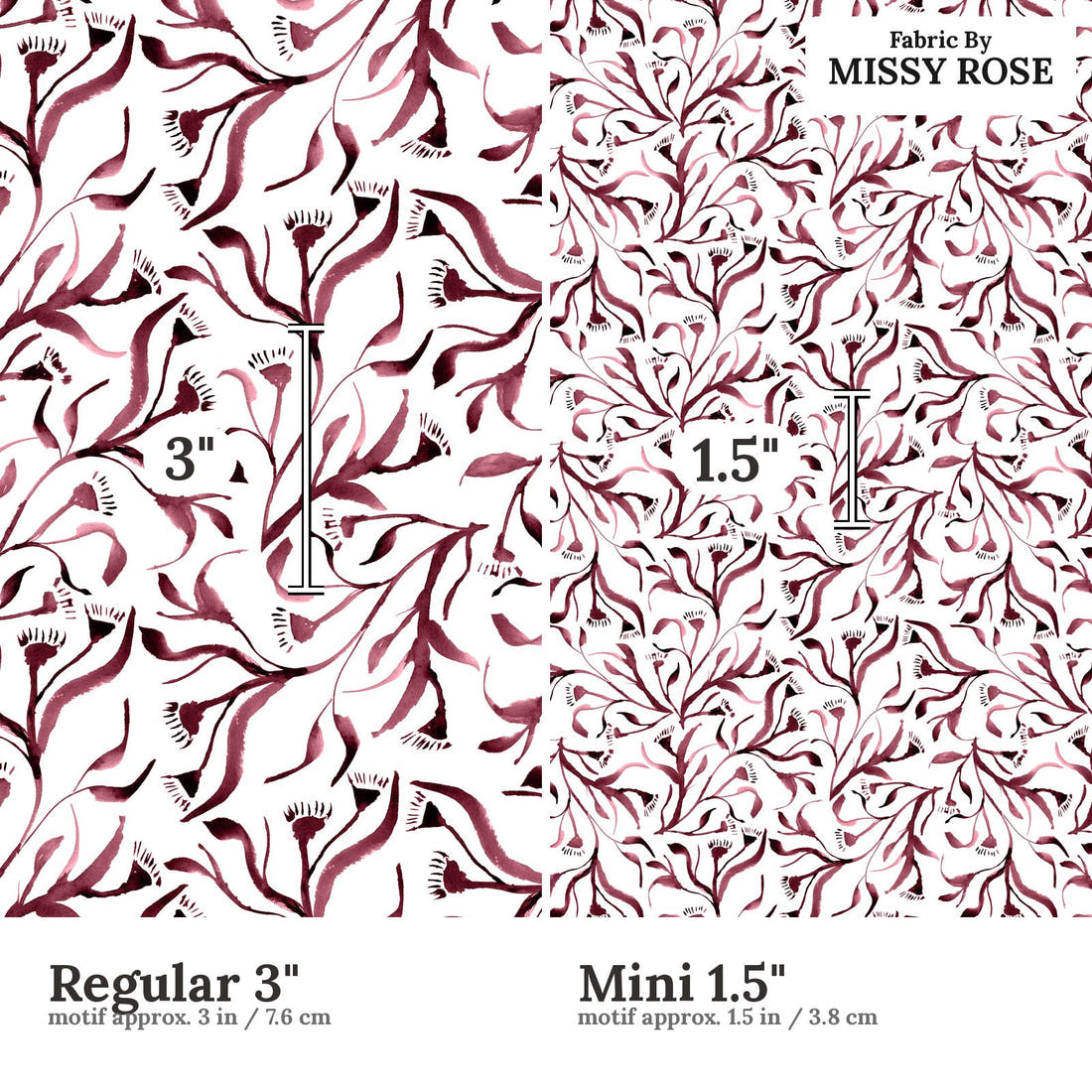 Laura Hamzic 90 Regular 3 inch vs Mini 1.5 inch print scale side by side | Fabric by Missy Rose